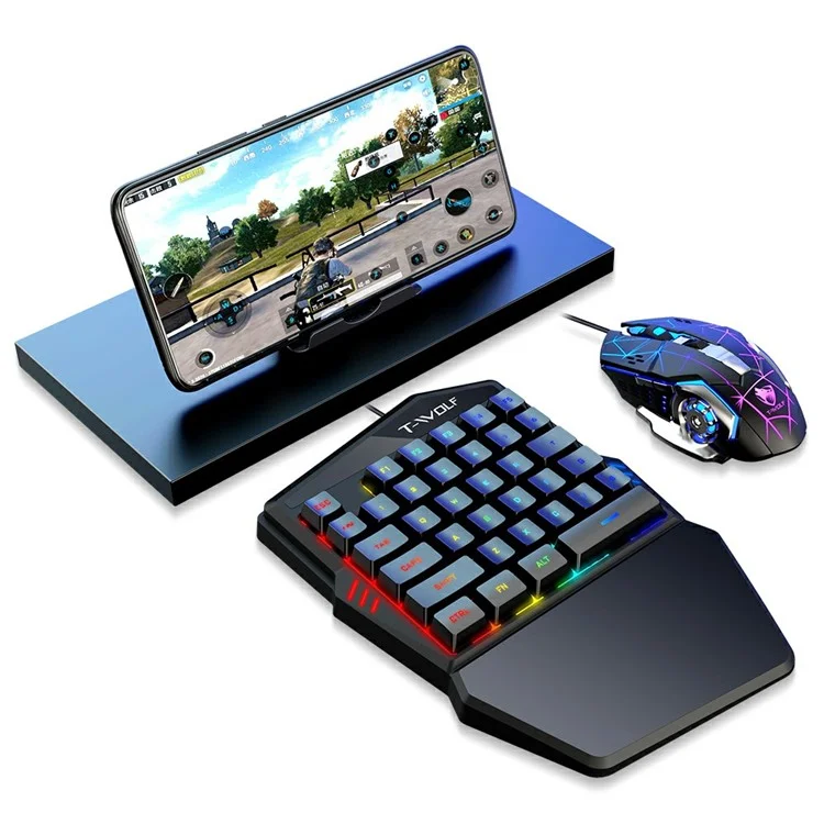 T-WOLF TF950 40 Keys One Hand Gaming Keyboard USB Wired Mouse Combo Set with Mobile Game Converter and Phone Holder