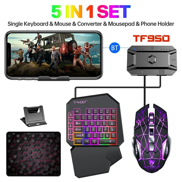 T-WOLF TF950 40 Keys One Hand Gaming Keyboard USB Wired Mouse Combo Set with Mobile Game Converter and Phone Holder