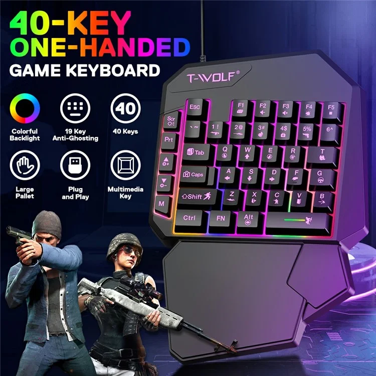 T-WOLF TF950 40 Keys One Hand Gaming Keyboard USB Wired Mouse Combo Set with Mobile Game Converter and Phone Holder
