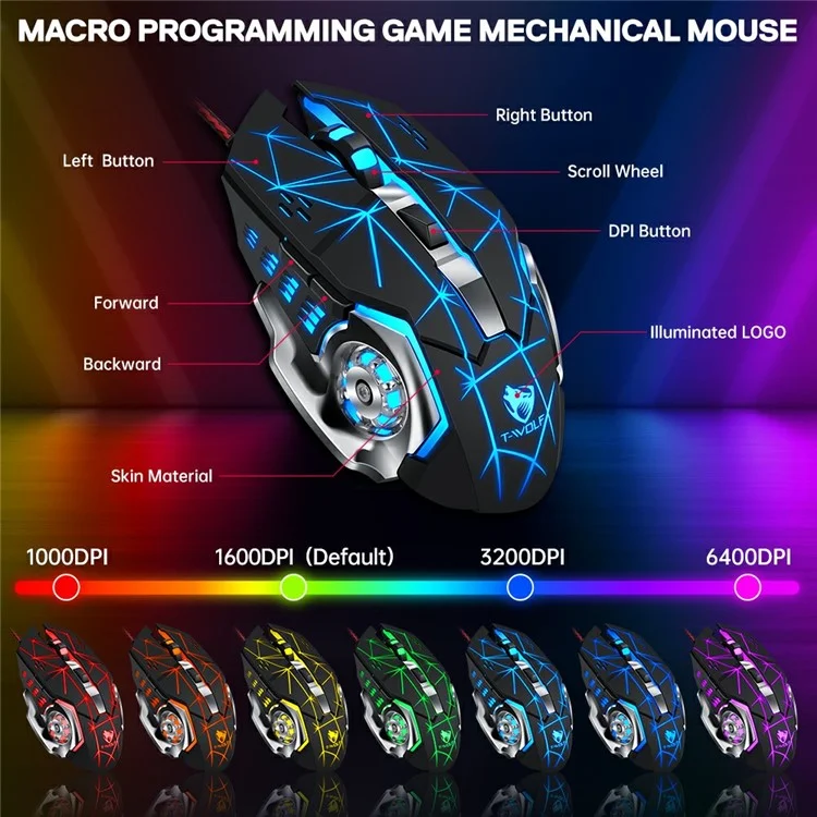 T-WOLF TF950 40 Keys One Hand Gaming Keyboard USB Wired Mouse Combo Set with Mobile Game Converter and Phone Holder