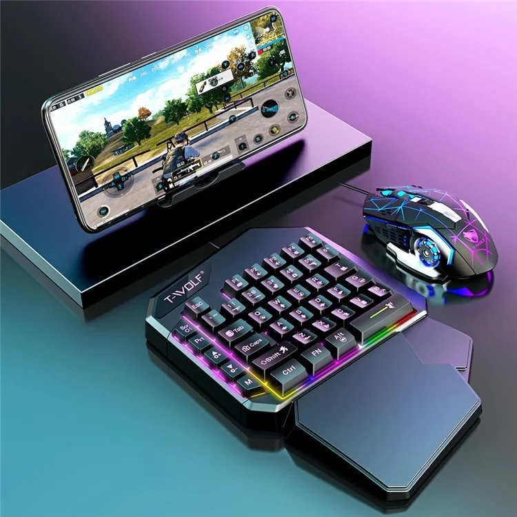 T-WOLF TF950 40 Keys One Hand Gaming Keyboard USB Wired Mouse Combo Set with Mobile Game Converter and Phone Holder