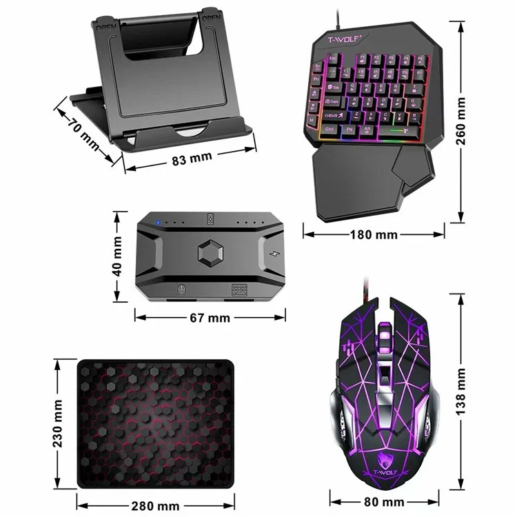 T-WOLF TF950 40 Keys One Hand Gaming Keyboard USB Wired Mouse Combo Set with Mobile Game Converter and Phone Holder