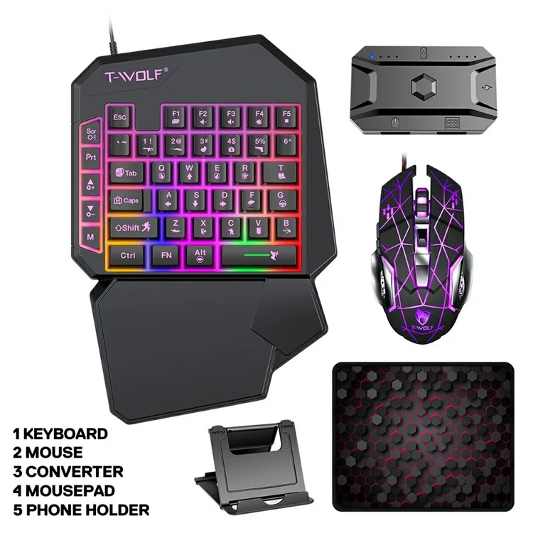 T-WOLF TF950 40 Keys One Hand Gaming Keyboard USB Wired Mouse Combo Set with Mobile Game Converter and Phone Holder