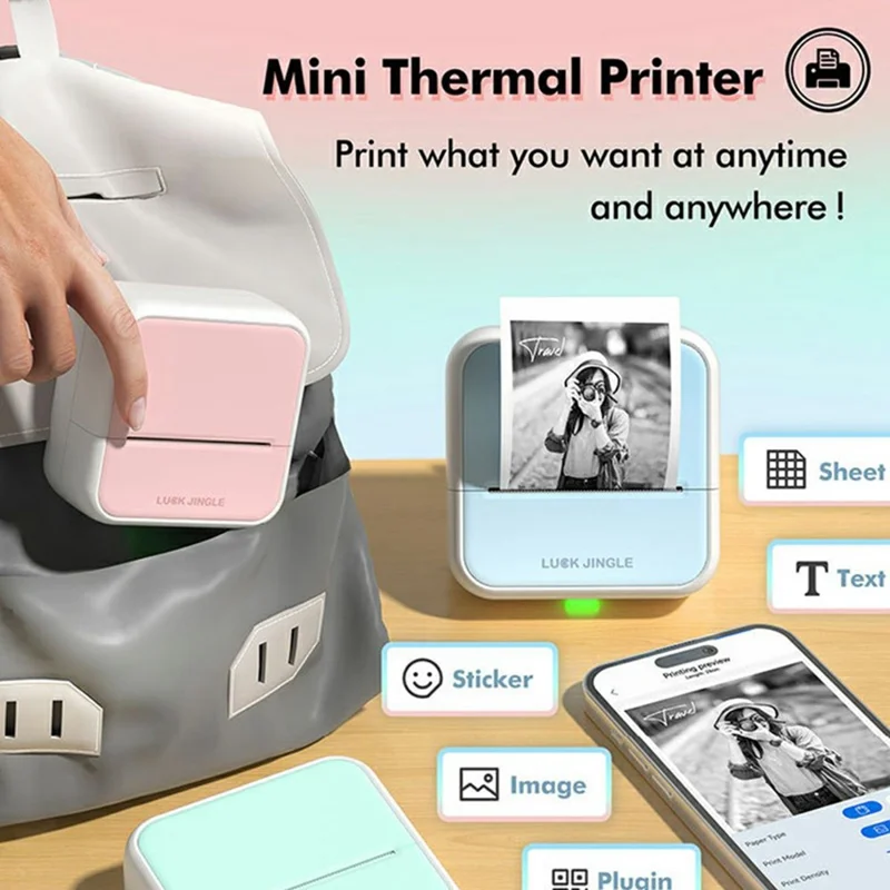 S1 Tragbarer BT-Thermoetikettendrucker für Barcodes / Aufkleber / Etiketten / Quittungen Mini-Drucker mit 5 Rollen - Weiß