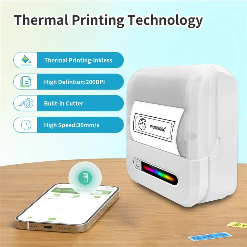 Imprimante d'étiquettes thermiques mini portable 200 DPI pour bureau et maison, impression d'autocollants sans encre - Blanc