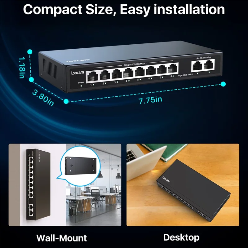 ZOSI Commutateur Poe Gigabit à 8 Ports avec 2 Ports Montants Gigabit, Budget Poe de 96W, Compatible IEEE802.3af / at - Fiche US