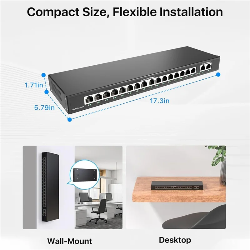Commutateur ZOSI 16 Ports Gigabit Poe avec 2 Ports Uplink Gigabit 156W pour 16 Ports Poe+ IEEE802.3af / at - Fiche US