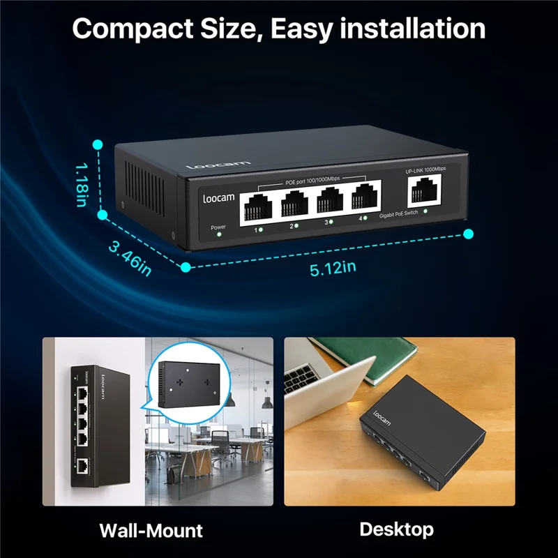ZOSI 5-Port-Gigabit-PoE-Switch mit 4 PoE+ Ports, 65W, 1000 Mbps Uplink-Port, IEEE802.3af/at - US-Stecker