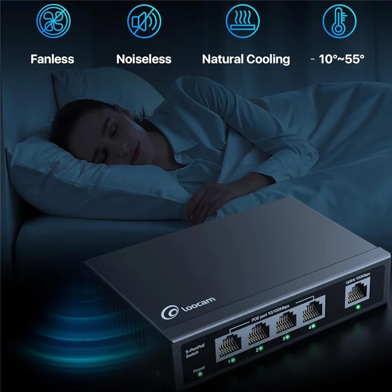 Commutateur PoE ZOSI à 5 ports (4 ports PoE + 1 liaison montante) 802.3af/at PoE+ 100 Mbps 65W Portée étendue jusqu'à 250 m, plug and play - Prise US