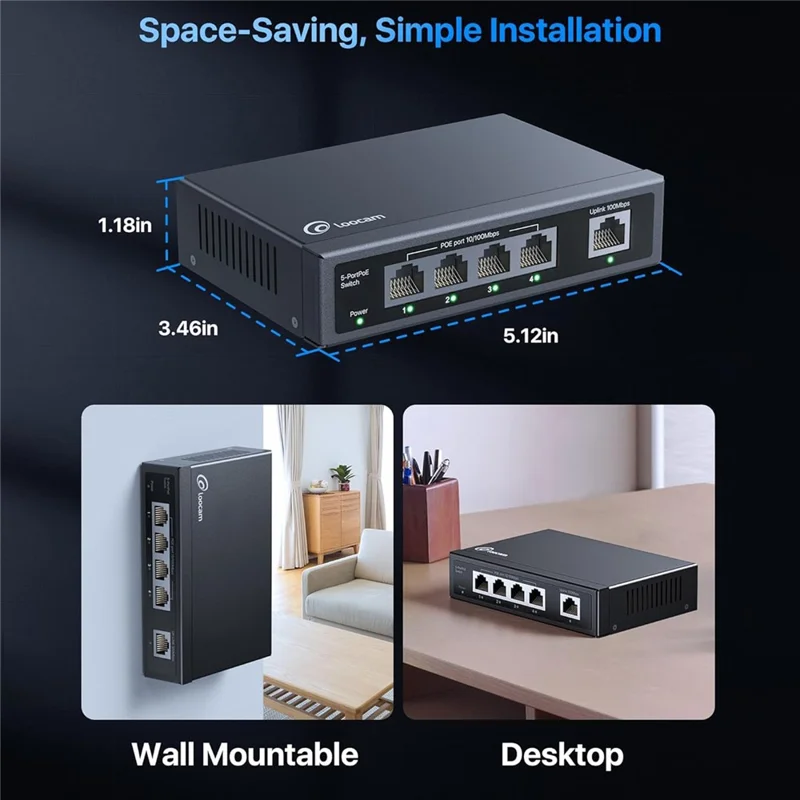 Commutateur PoE ZOSI à 5 ports (4 ports PoE + 1 liaison montante) 802.3af/at PoE+ 100 Mbps 65W Portée étendue jusqu'à 250 m, plug and play - Prise US