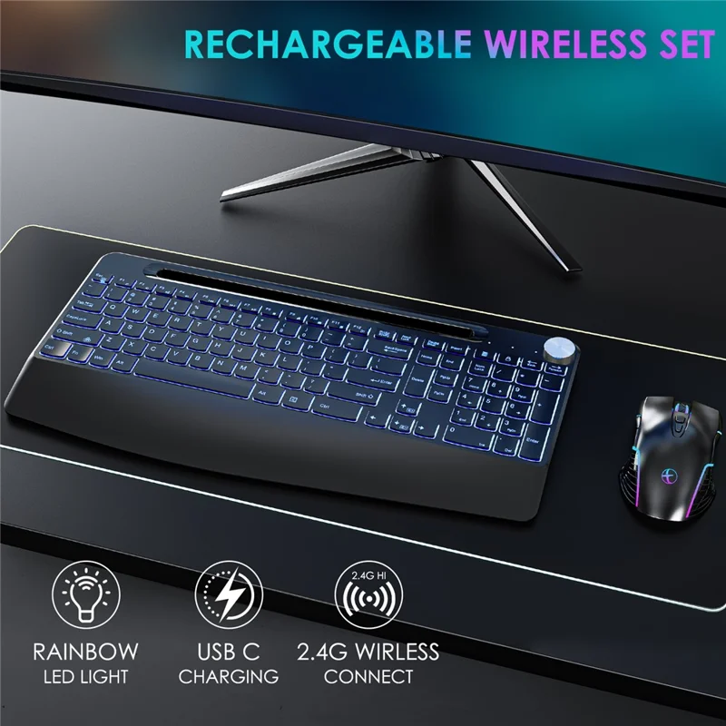 2.4G Wireless Keyboard Mouse Set Ergonomic RGB Backlit Computer Laptop Rechargeable Keyboard Mouse