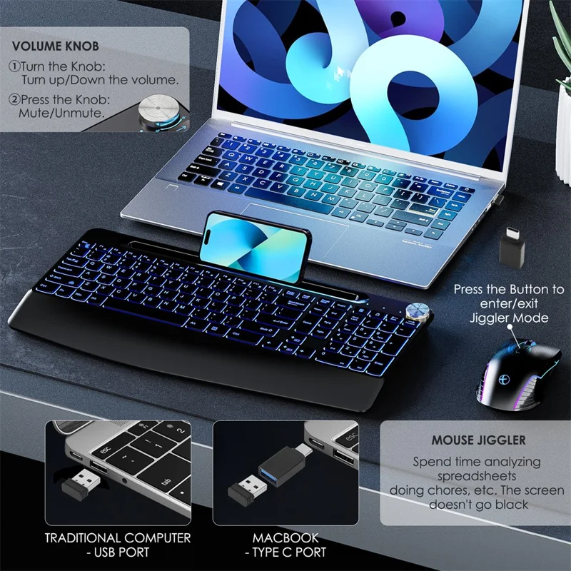 2.4G Wireless Keyboard Mouse Set Ergonomic RGB Backlit Computer Laptop Rechargeable Keyboard Mouse