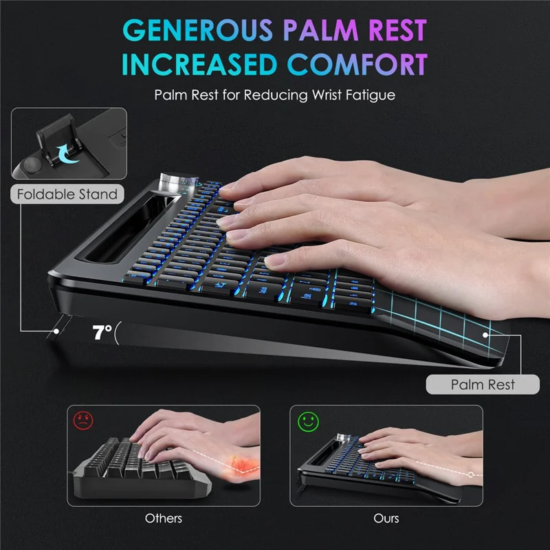 2.4G Wireless Keyboard Mouse Set Ergonomic RGB Backlit Computer Laptop Rechargeable Keyboard Mouse