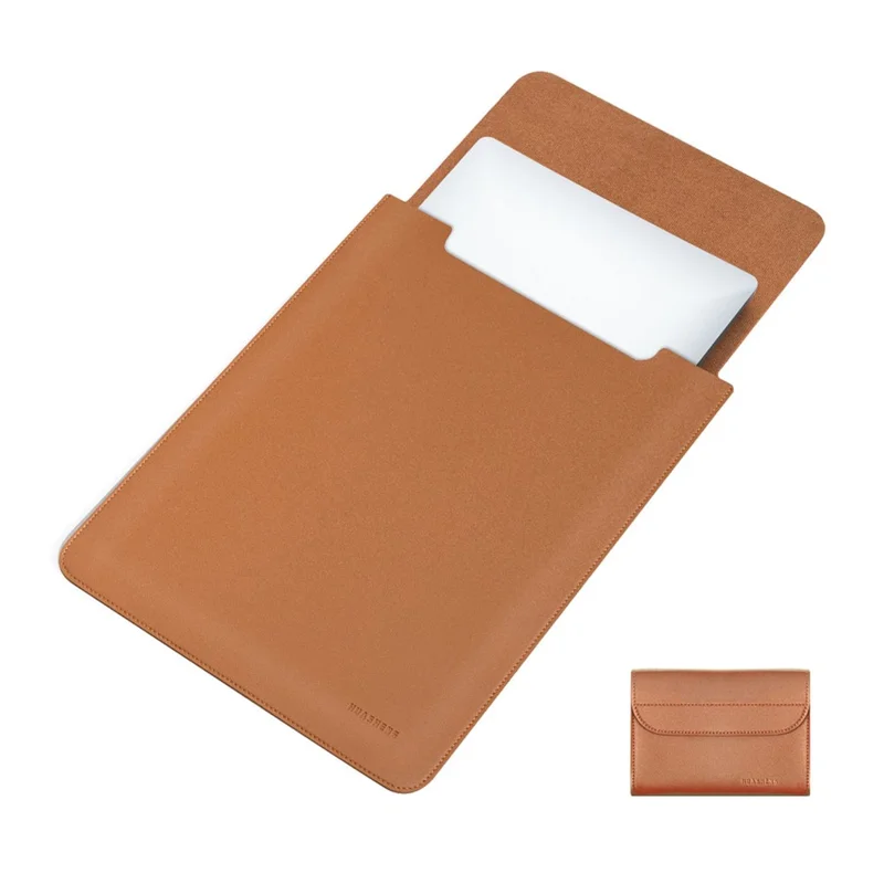 HUASHENG Custodia verticale per laptop con mini tasca per notebook da 13 / 13,3 / 14 pollici, borsa ultrasottile portatile in pelle PU - Marrone chiaro