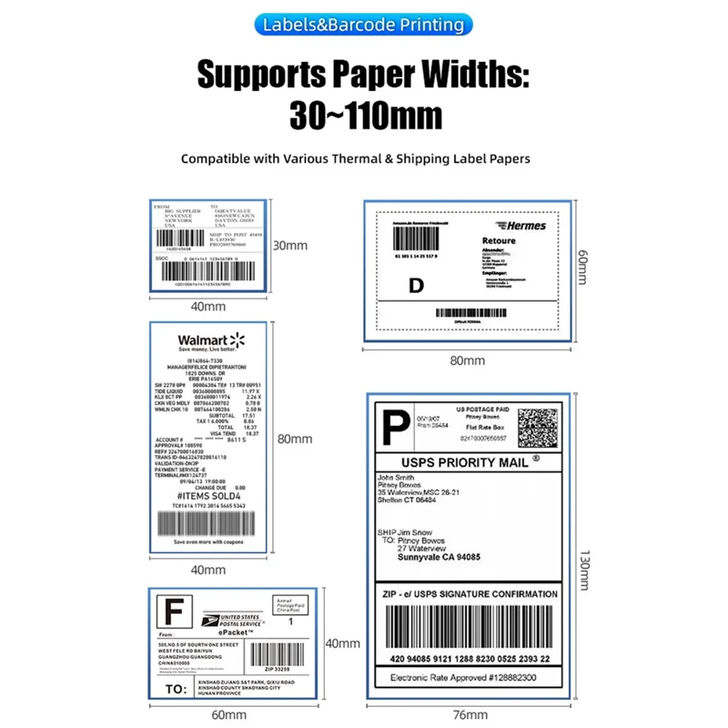 ZJ-9260 110 mm papierloser Etikettendrucker 160 mm/s 203 DPI Direkt-Thermal-Etikettendrucker mit USB-Anschluss und Standfuß – US-Stecker / Schwarz
