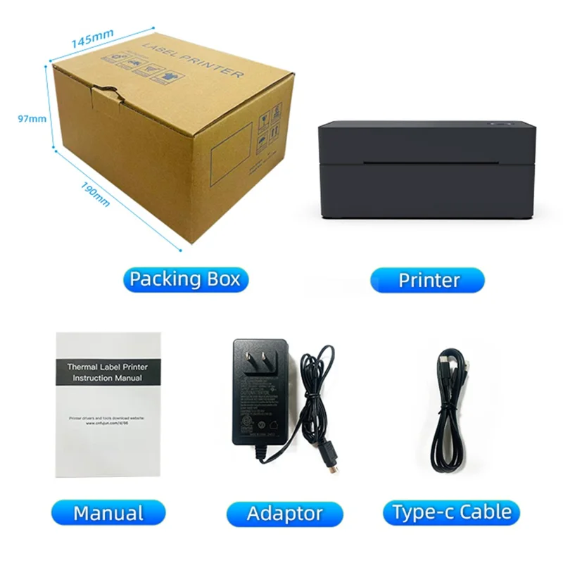 ZJ-9260 110 mm Papierloze Etiketprinter Bluetooth-compatibel 160 mm/s 203 DPI Directe Thermoprinter met USB-poort en standaard - US-stekker / Zwart