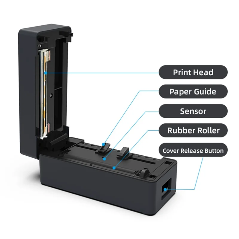 ZJ-9260 110 mm Papierloze Etiketprinter Bluetooth-compatibel 160 mm/s 203 DPI Directe Thermoprinter met USB-poort en standaard - US-stekker / Zwart