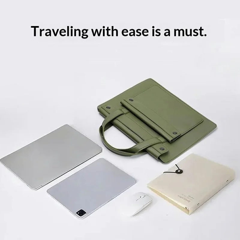 For 15 / 16 Inch Laptop Bag PU Leather Double Pocket Multi-Compartment Accordion Design Universal Notebook Tote Bag - Green