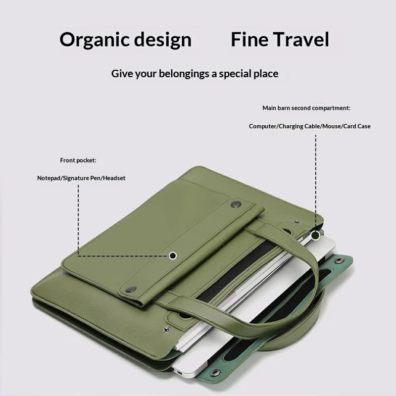 For 15 / 16 Inch Laptop Bag PU Leather Double Pocket Multi-Compartment Accordion Design Universal Notebook Tote Bag - Green