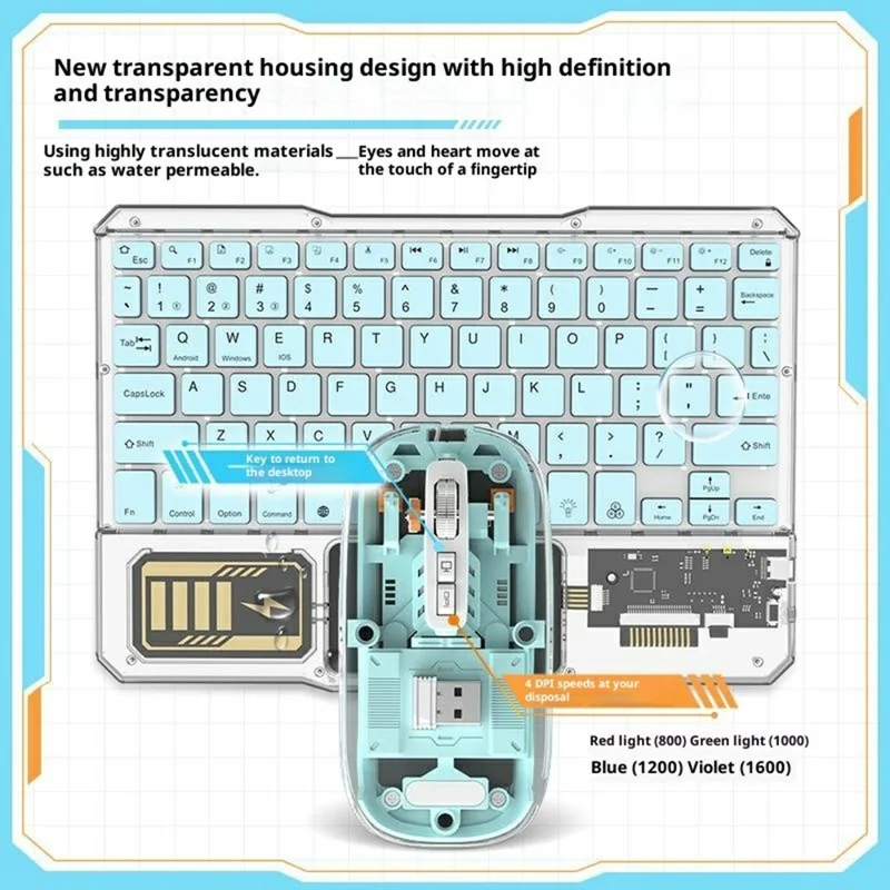 KB333 Transparent Bluetooth-compatible Keyboard Mouse Set 3-Channel Wireless Gaming RGB Backlight Keyboard + Mouse for iPad Tablet Office - Blue