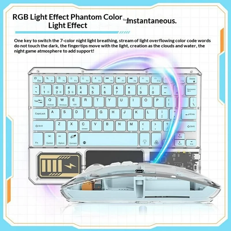 KB333 Transparent Bluetooth-compatible Keyboard Mouse Set 3-Channel Wireless Gaming RGB Backlight Keyboard + Mouse for iPad Tablet Office - Blue