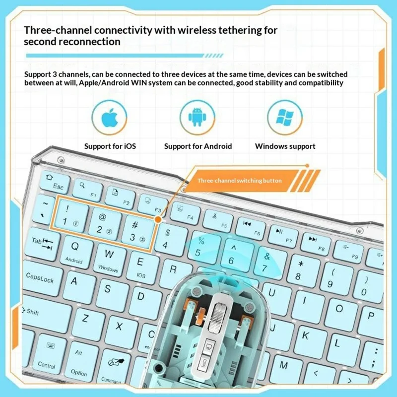 KB333 Transparent Bluetooth-compatible Keyboard Mouse Set 3-Channel Wireless Gaming RGB Backlight Keyboard + Mouse for iPad Tablet Office - Blue