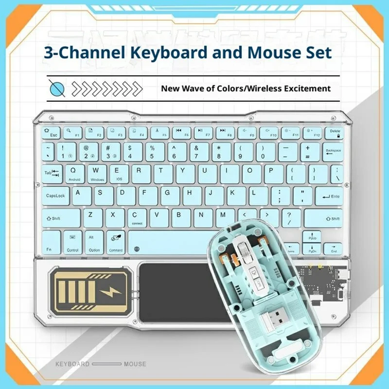 KB333 Transparent Bluetooth-compatible Keyboard Mouse Set 3-Channel Wireless Gaming RGB Backlight Keyboard + Mouse for iPad Tablet Office - Blue