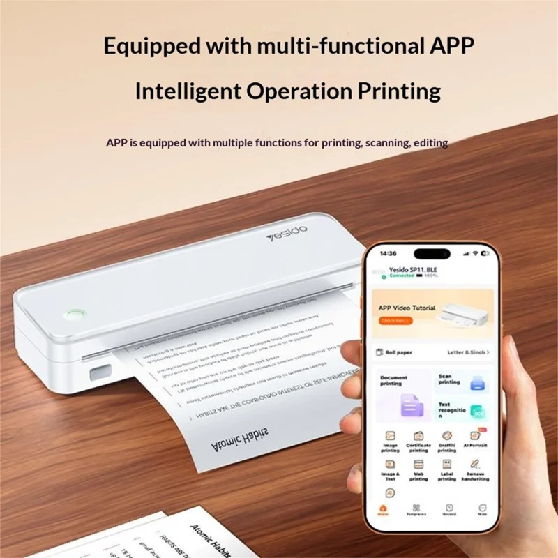 YESIDO SP11 A4 Thermal Printer Portable Bluetooth-compatible Battery Powered Printing Machine for Office