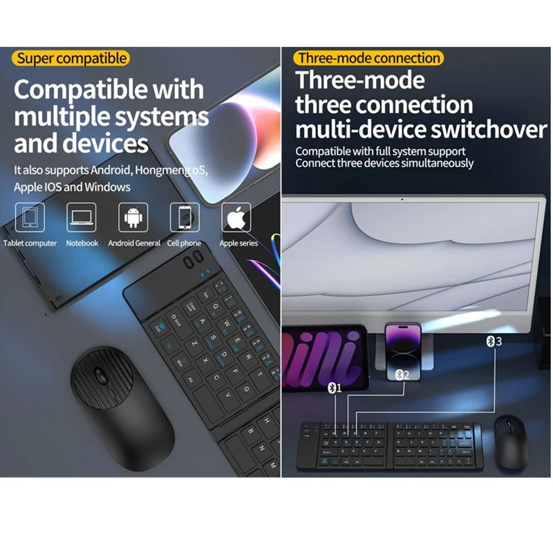 KB018 Mini przenośna składana klawiatura bezprzewodowa z obsługą Bluetooth i zgodna z 2.4G zestaw klawiatura + mysz do domu i biura - Szary