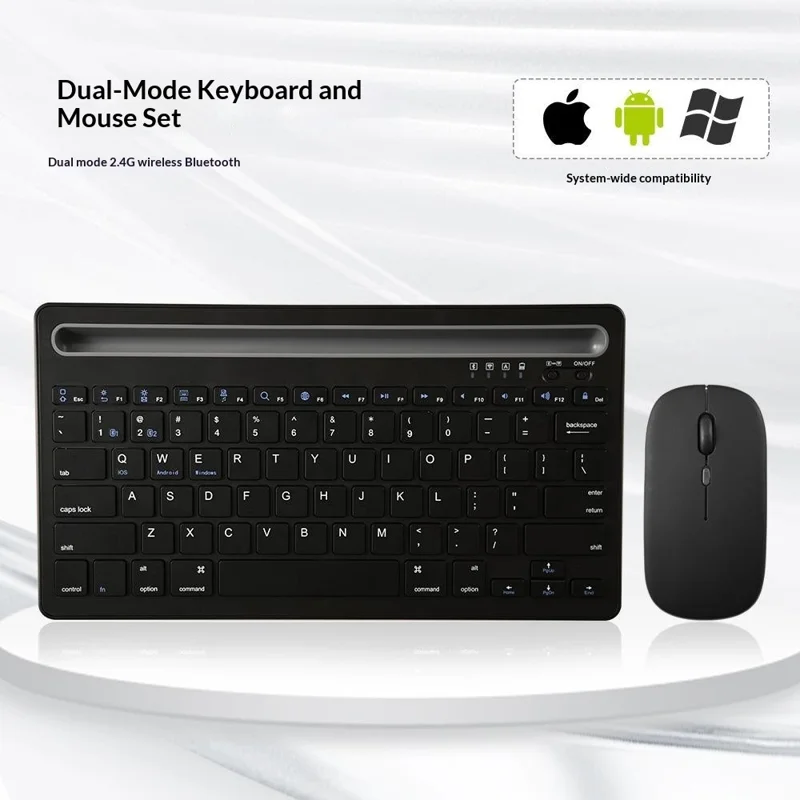Мини-клавиатура и мышь CMK108, совместимые с Bluetooth, 2,4-гигагерцовый двухрежимный беспроводной комплект, перезаряжаемая комбинация клавиатуры и мыши со стойкой для телефона и планшета — черный цвет