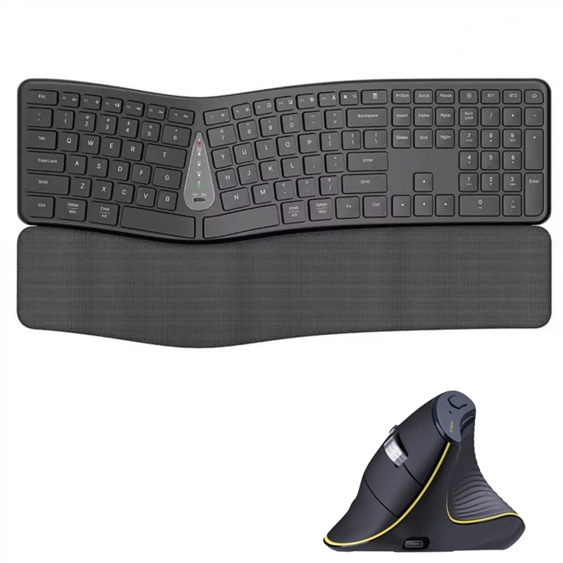 T1 Ergonomic Split Keyboard Mouse Set Wireless Vertical Bluetooth-compatible Rechargeable Home Office Keyboard + Mouse Combo with Wrist Rest for Computer Tablet Phone - Black