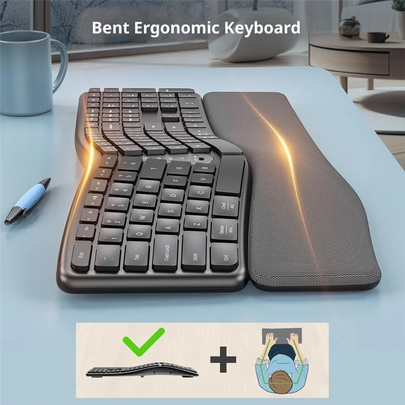 T1 Ergonomic Split Keyboard Mouse Set Wireless Vertical Bluetooth-compatible Rechargeable Home Office Keyboard + Mouse Combo with Wrist Rest for Computer Tablet Phone - Black