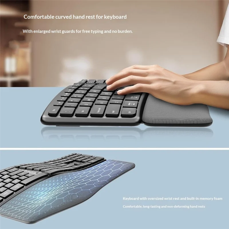 T1 Ergonomic Split Keyboard Mouse Set Wireless Vertical Bluetooth-compatible Rechargeable Home Office Keyboard + Mouse Combo with Wrist Rest for Computer Tablet Phone - Black