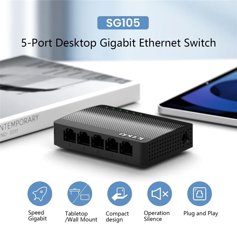 TENDA SG105 5-Port Gigabit Ethernet Switch 1 to 5 Ethernet Splitter Desktop  /  Wall-Mounting 5 Way Network Hub, Overseas Version - Black