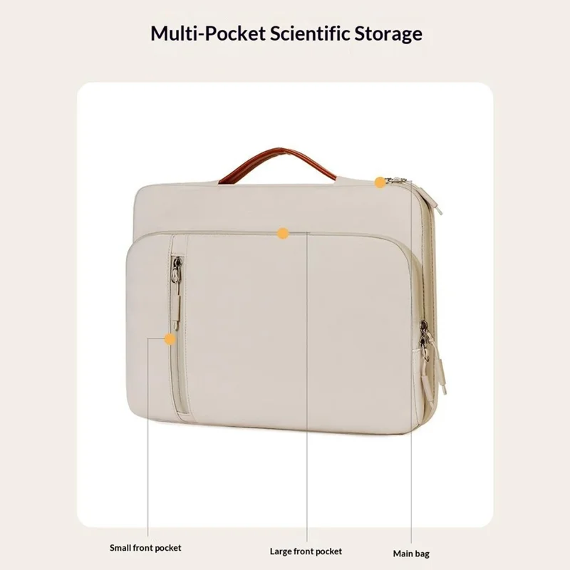 C108 Laptop Handheld Bag for 14-14.6 Inch Notebook Retractable Handle Waterproof Business Protective Sleeve Bag Multi-Pocket Shockproof Carrying Case - Beige