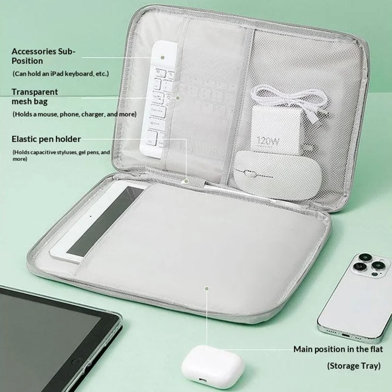 Bolsa Funda para Portátil para Tableta de 13,3 pulgadas, Organizador Portátil de Apertura Completa de 180 grados con Función de Alfombrilla para Ratón - Gris