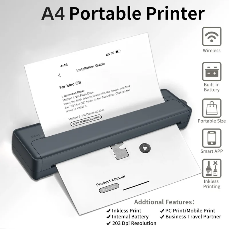 X8 Tragbarer A4-Thermodrucker 203DPI Tintenlos Bluetooth-/USB-Verbindung für Büro und Zuhause – Schwarz