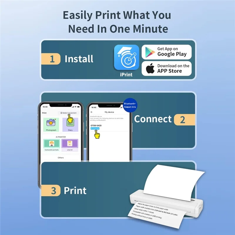 X8 Tragbarer A4-Thermodrucker 203DPI Tintenlos Bluetooth-/USB-Verbindung für Büro und Zuhause – Schwarz