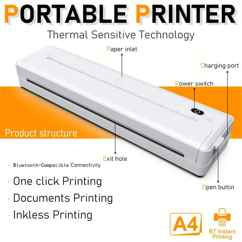 X8 Tragbarer A4-Thermodrucker 203DPI Tintenlos Bluetooth-/USB-Verbindung für Büro und Zuhause – Schwarz