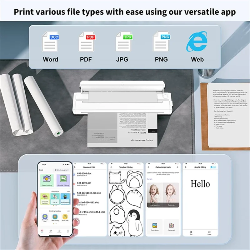 X9 Tragbarer A4-Thermo-Drucker Bluetooth / USB-Anschluss 203DPI Tintenloser Drucker für Büro und Zuhause - Schwarz