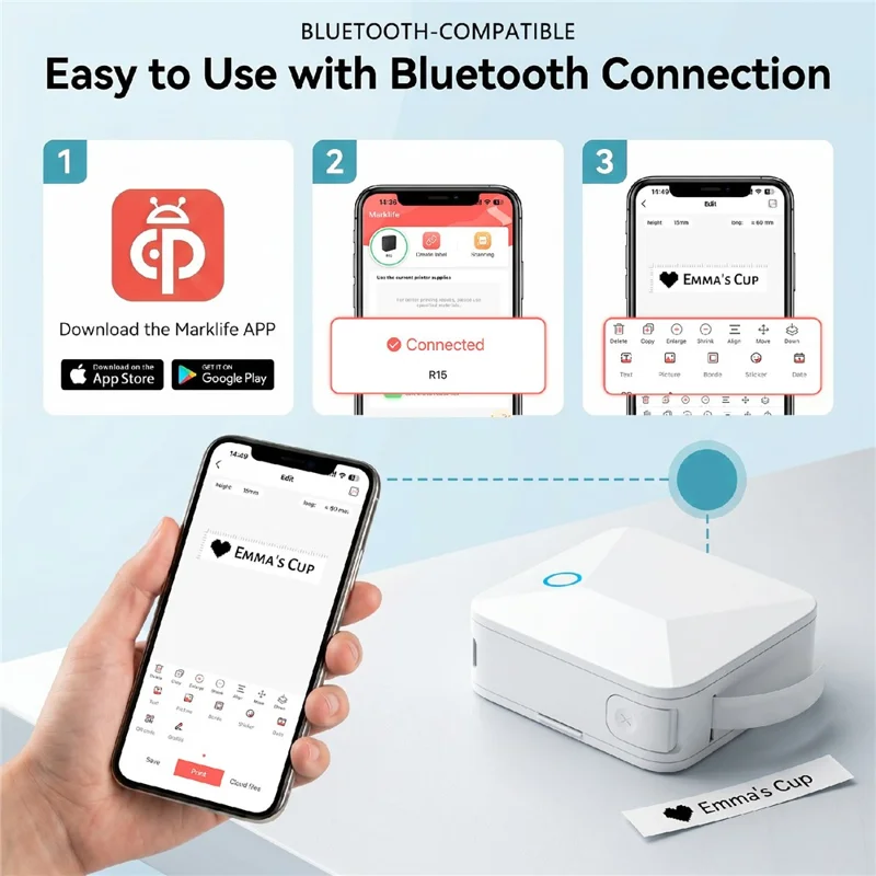 MARKLIFE R15 Portable Label Printer Thermal Transfer Bluetooth-compatible Printing Machine - White