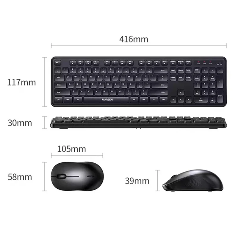 UGREEN MK331 Wireless Keyboard and Mouse Combo 2.4GHz Full-Size 104-Key Keyboard Adjustable DPI Mouse - Black