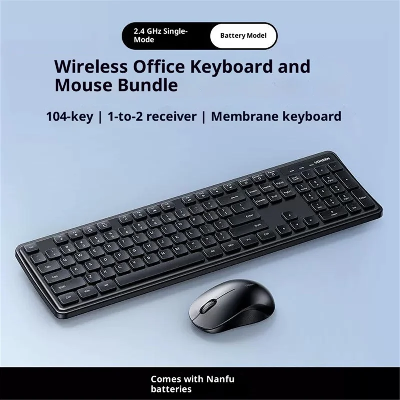 UGREEN MK331 Wireless Keyboard and Mouse Combo 2.4GHz Full-Size 104-Key Keyboard Adjustable DPI Mouse - Black