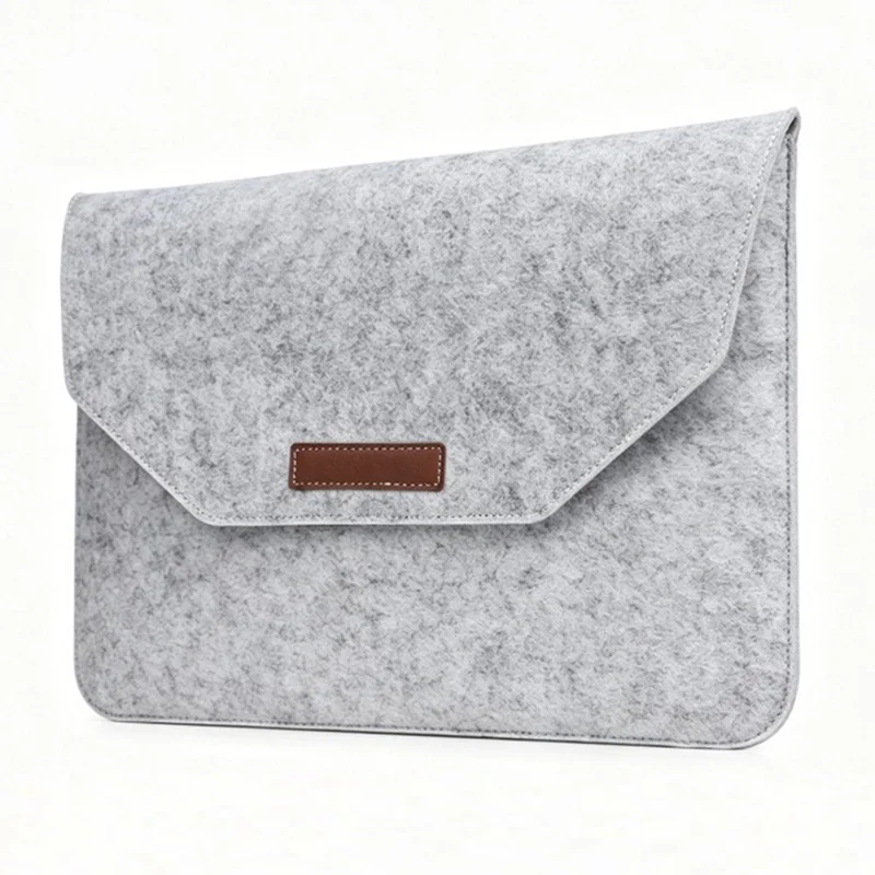 12 inch Felt Laptop Sleeve Double Layer Inner Bag with Accessory Pocket and Magic Tape Closure - Light Grey