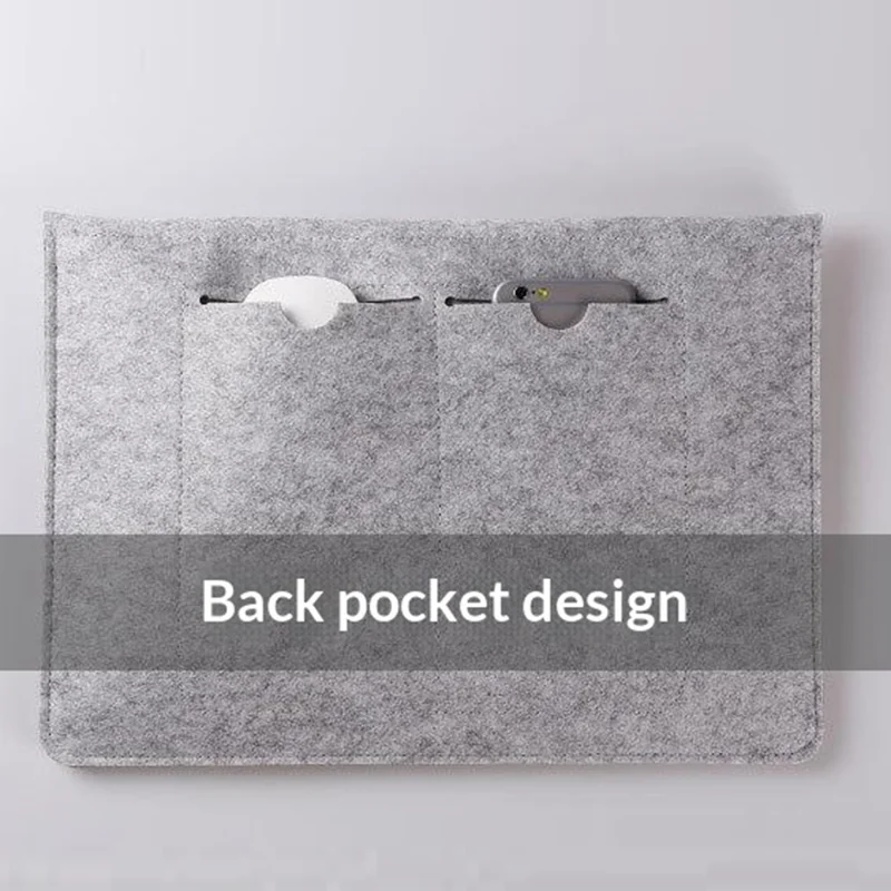 12 inch Felt Laptop Sleeve Double Layer Inner Bag with Accessory Pocket and Magic Tape Closure - Light Grey