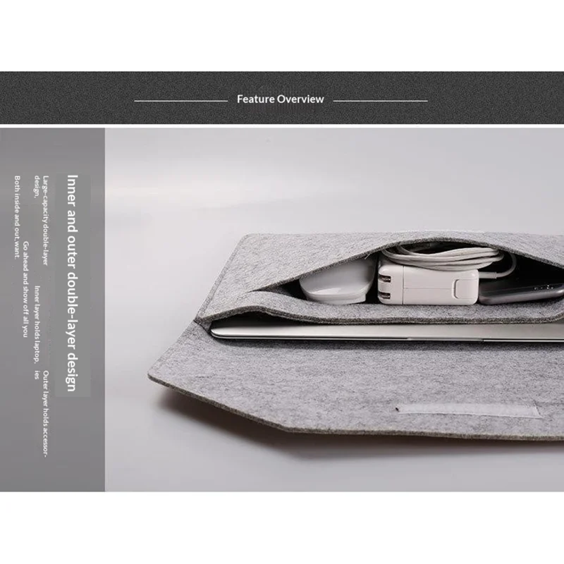 12 inch Felt Laptop Sleeve Double Layer Inner Bag with Accessory Pocket and Magic Tape Closure - Light Grey