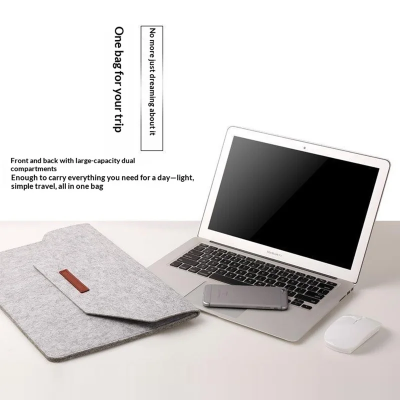 14 inch Felt Laptop Sleeve Dobbeltlaget indre taske med tilbehørslomme og Velcro lukning - Lysegrå