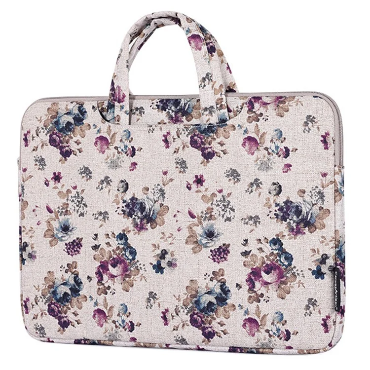 CANVASARTISAN H2-B02 Flower Pattern Zipper Laptop Sleeve Carrying Bag Handbag for 13-inch Notebook - Khaki
