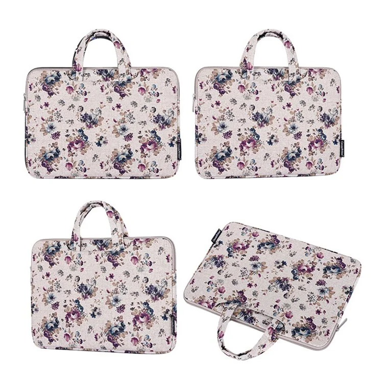 CANVASARTISAN H2-B02 Flower Pattern Zipper Laptop Sleeve Carrying Bag Handbag for 13-inch Notebook - Khaki