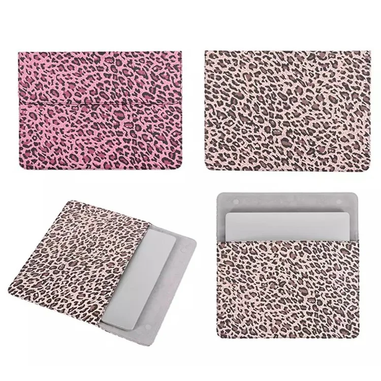 CANVASARTISAN E31-01 Leopard Printed Fashion Laptop Sleeve PU Leather Magnetic Lid Envelope Notebook Bag - Yellow/12 inch